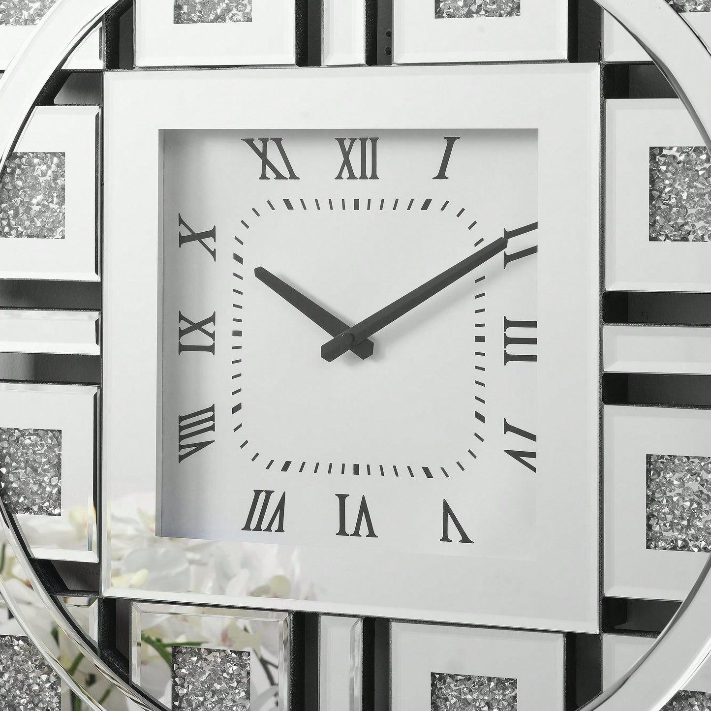 Elegant Square Wall Clock With Roman Numerals And Faux Gemstone Inlay In Mirrored Frame
