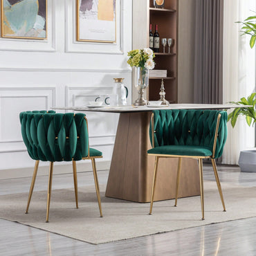 Set Of 2 Green Thick Fabric Dining Chairs With Sturdy Wood Legs