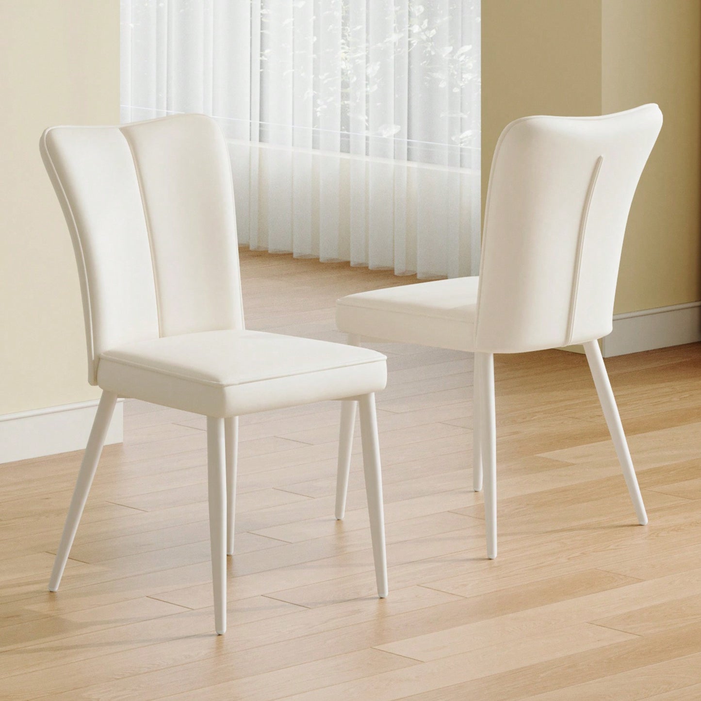 Modern Minimalist White PU Leather Dining Chairs Set Of 2 With Curved Back And Metal Legs For Dining Room Bedroom Living Room
