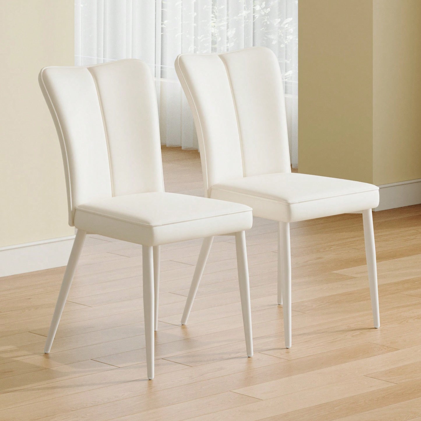 Modern Minimalist White PU Leather Dining Chairs Set Of 2 With Curved Back And Metal Legs For Dining Room Bedroom Living Room