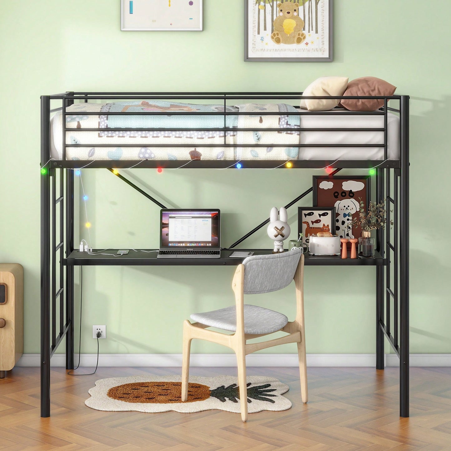 Twin Loft Bed With Desk, Power Outlets, LED Lights, Safety Guardrails, Space-Saving Design, Easy Assembly, Perfect For Kids' Rooms