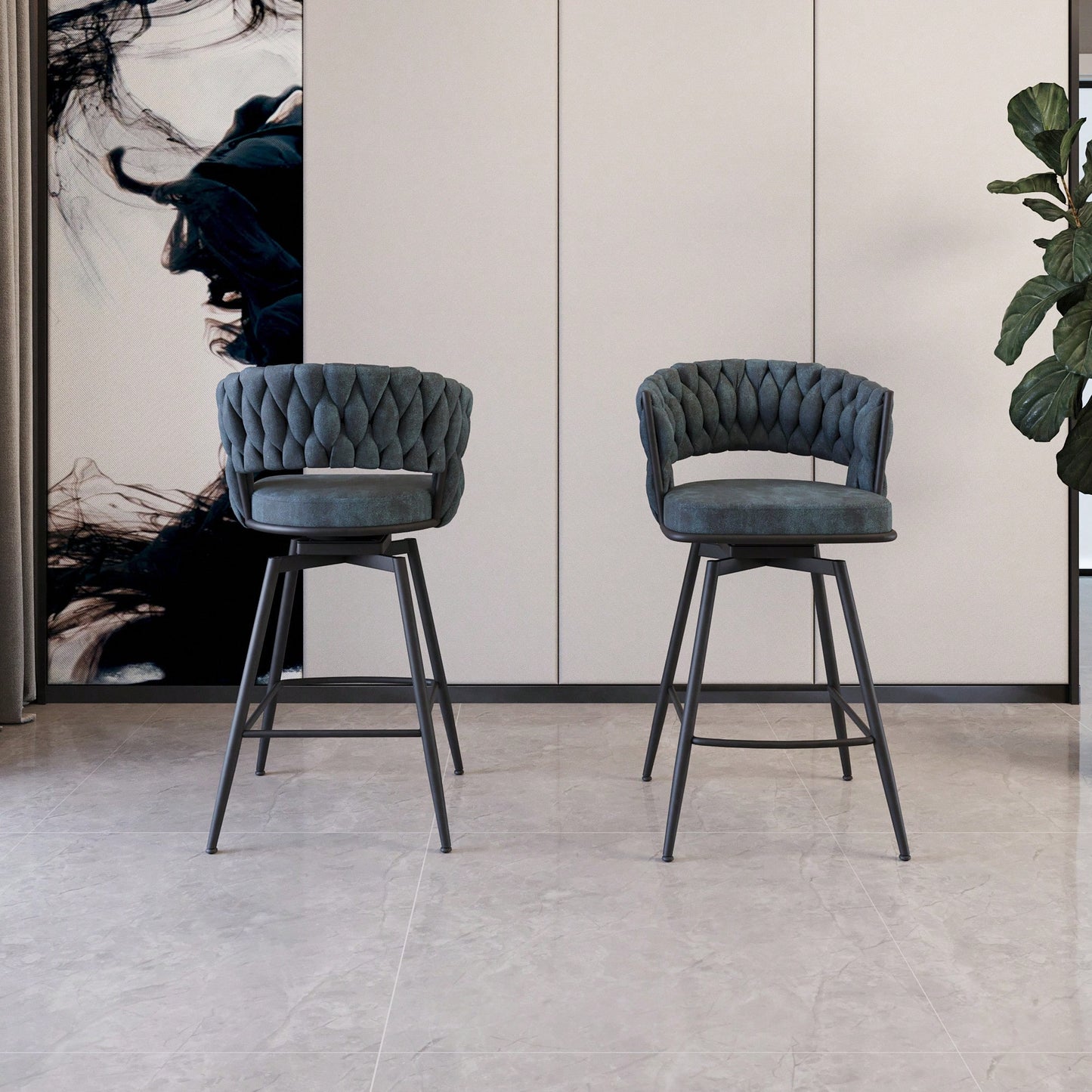 Modern Bar Chair Set Of 2 – Soft Technical Leather And Sturdy Metal Base