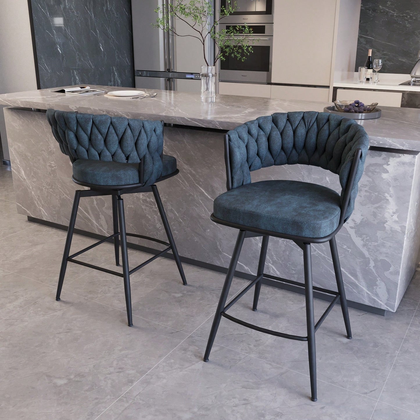 Modern Bar Chair Set Of 2 – Soft Technical Leather And Sturdy Metal Base