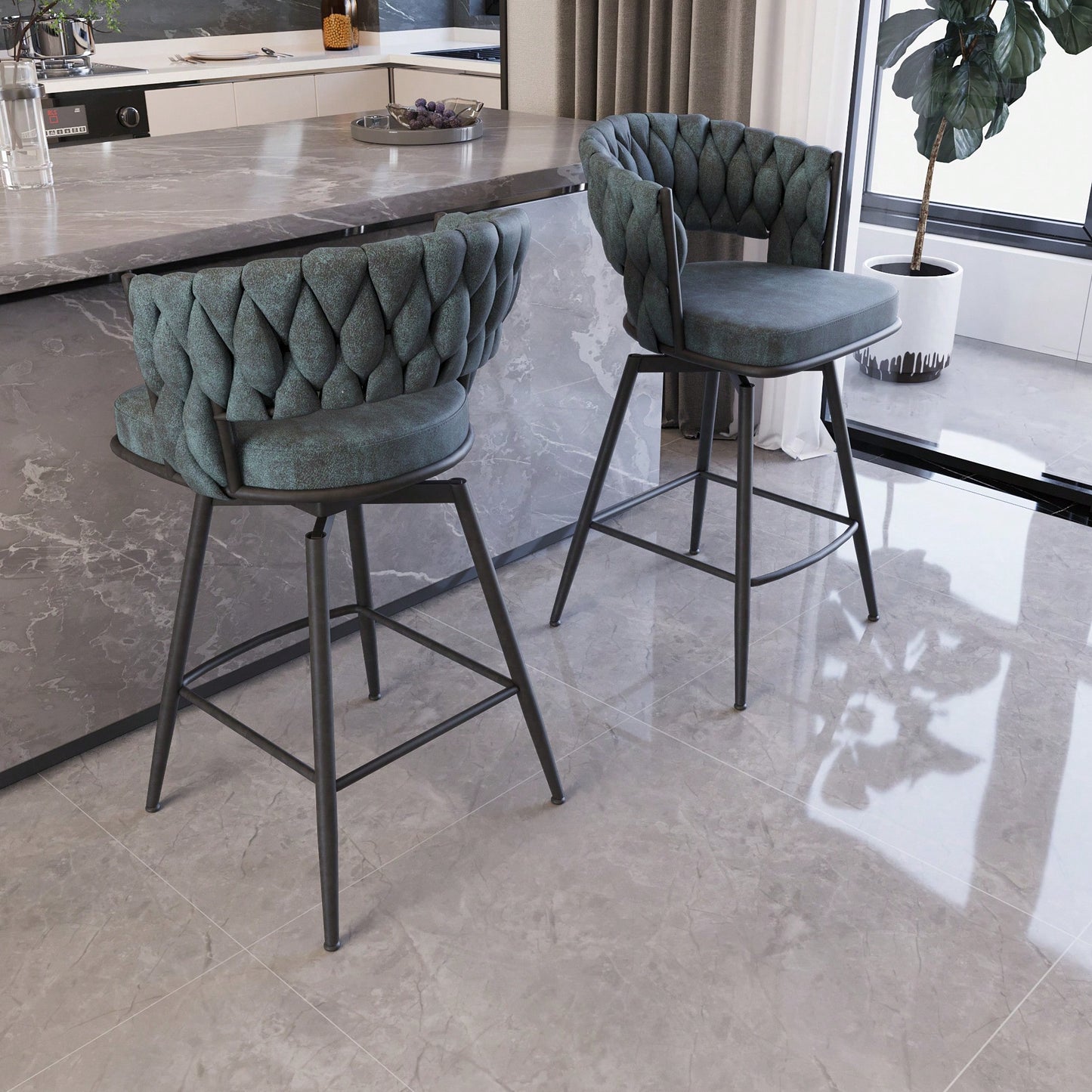 Modern Bar Chair Set Of 2 – Soft Technical Leather And Sturdy Metal Base