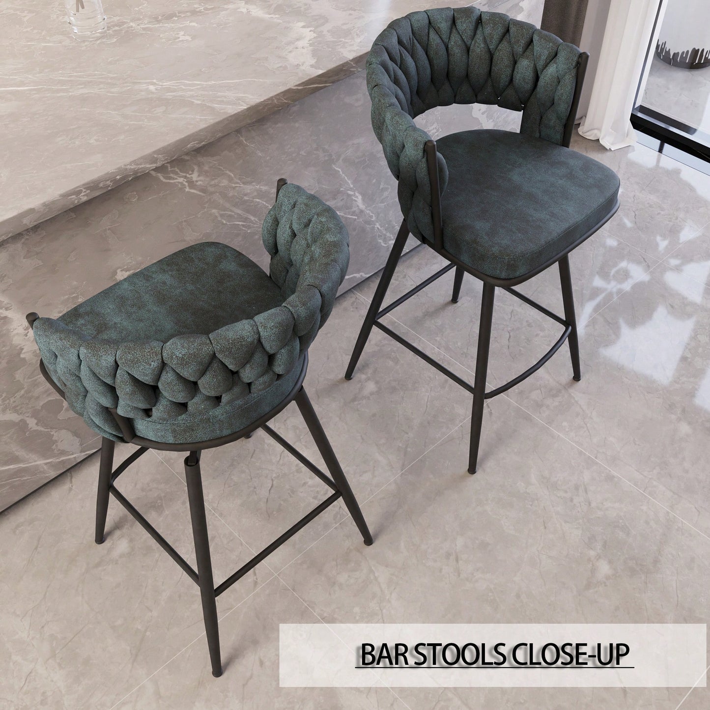 Modern Bar Chair Set Of 2 – Soft Technical Leather And Sturdy Metal Base