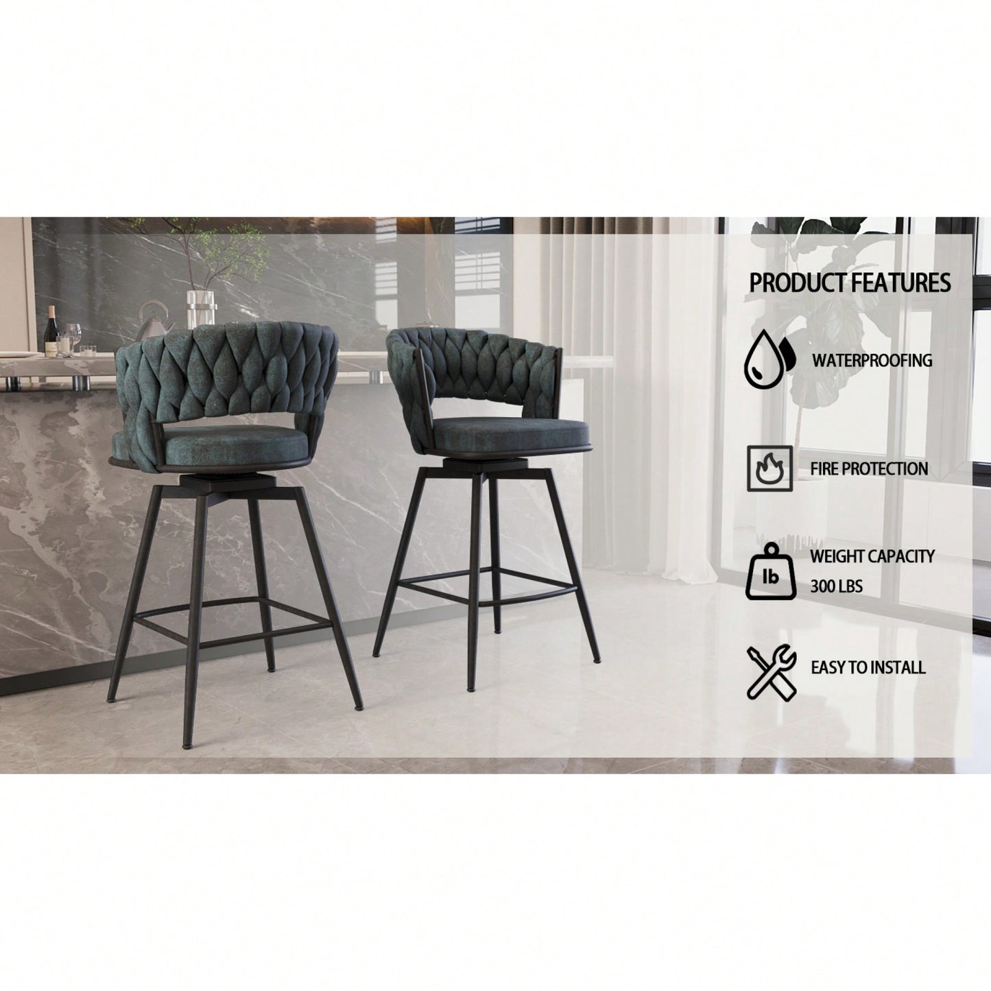 Modern Bar Chair Set Of 2 – Soft Technical Leather And Sturdy Metal Base