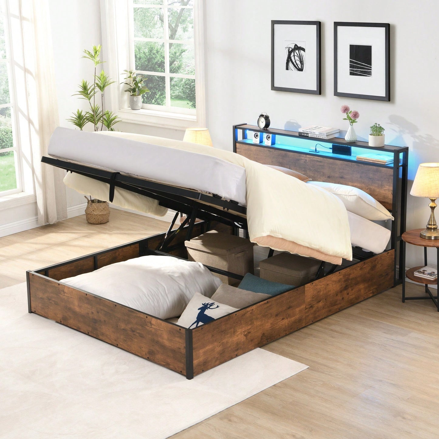 Space-Saving Full Bed Frame With Charging Station And LED Lighting – Modern Rustic Design