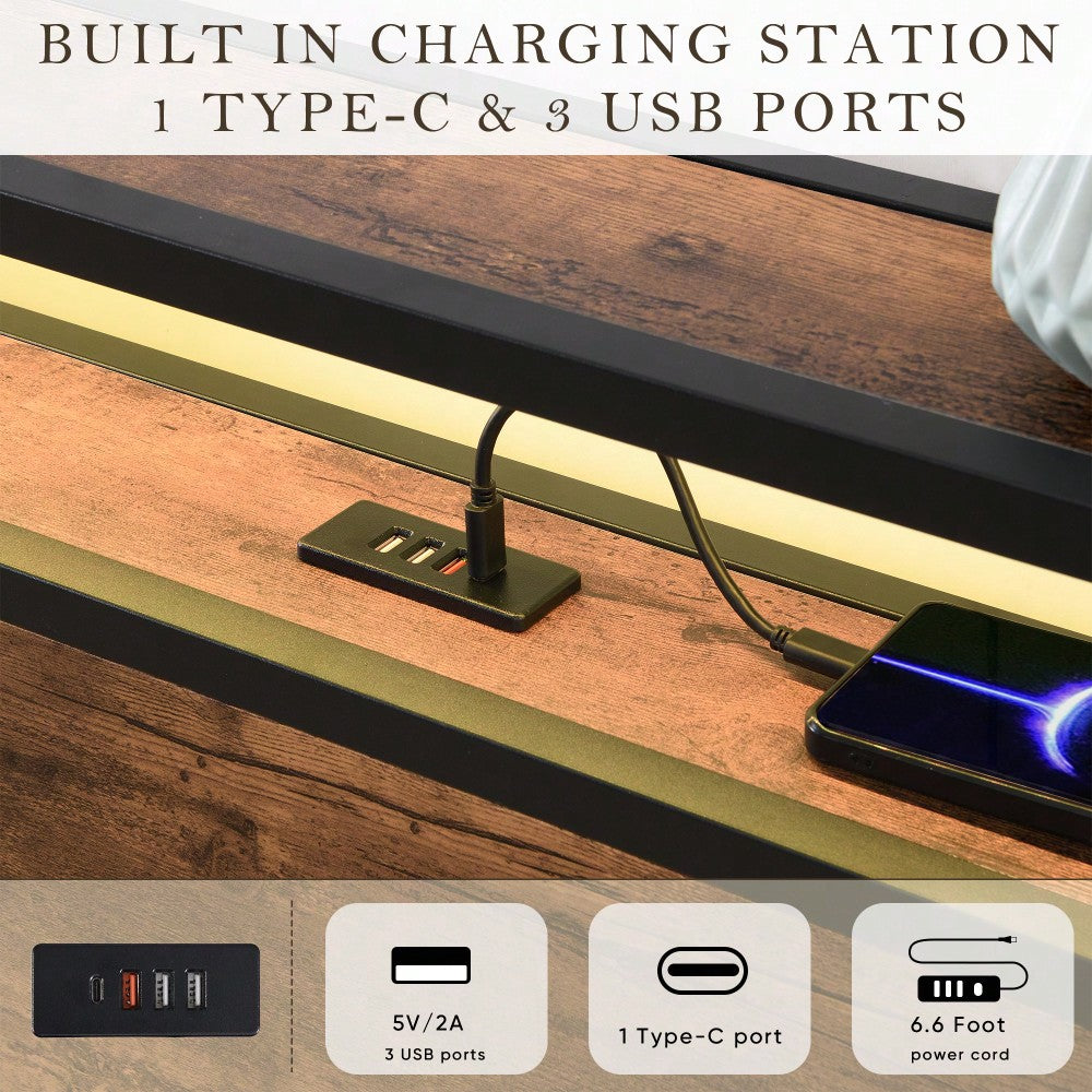 Space-Saving Full Bed Frame With Charging Station And LED Lighting – Modern Rustic Design