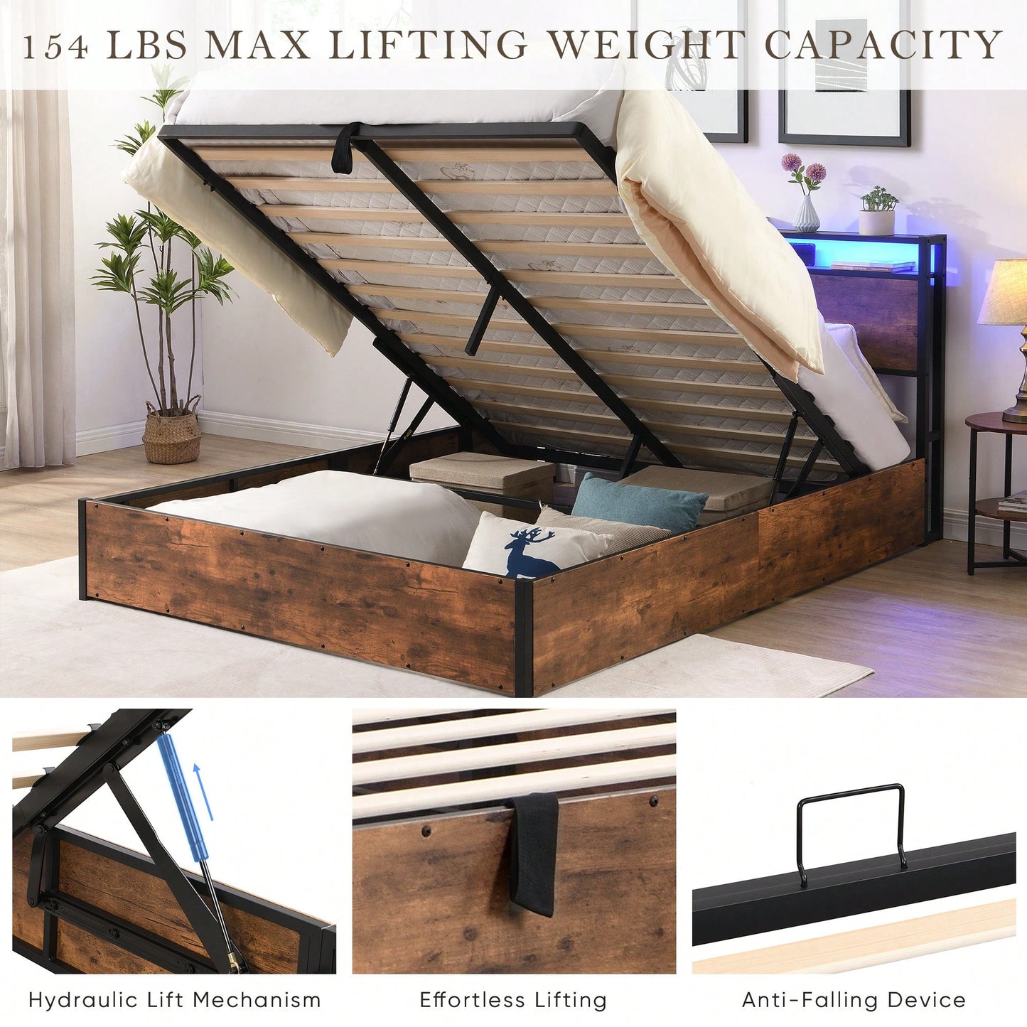 Space-Saving Full Bed Frame With Charging Station And LED Lighting – Modern Rustic Design