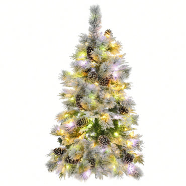 Snow-Flocked 4FT Pre-Lit Christmas Tree with Pine Cones 120 Multi-Color LED Lights and 11 Flashing Modes for Holiday Decor