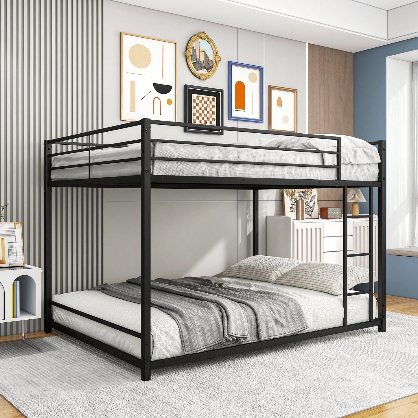 Sturdy Full Over Full Metal Bunk Bed Frame with Guard Rails Heavy Duty Space-Saving Design Easy Assembly Black Finish