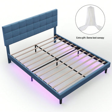 Blue Linen Queen Size Upholstered Bed Frame with Adjustable Headboard and Built-In LED Lights No Box Spring Needed