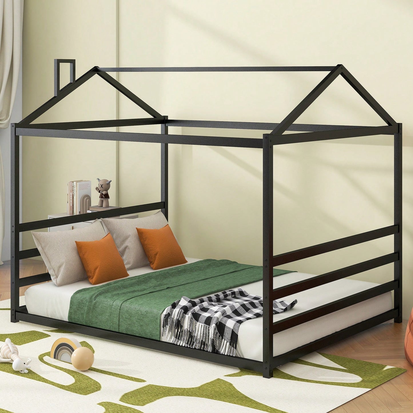 Stylish Black Metal House-Shaped Queen Platform Bed For Unique Bedroom Decor