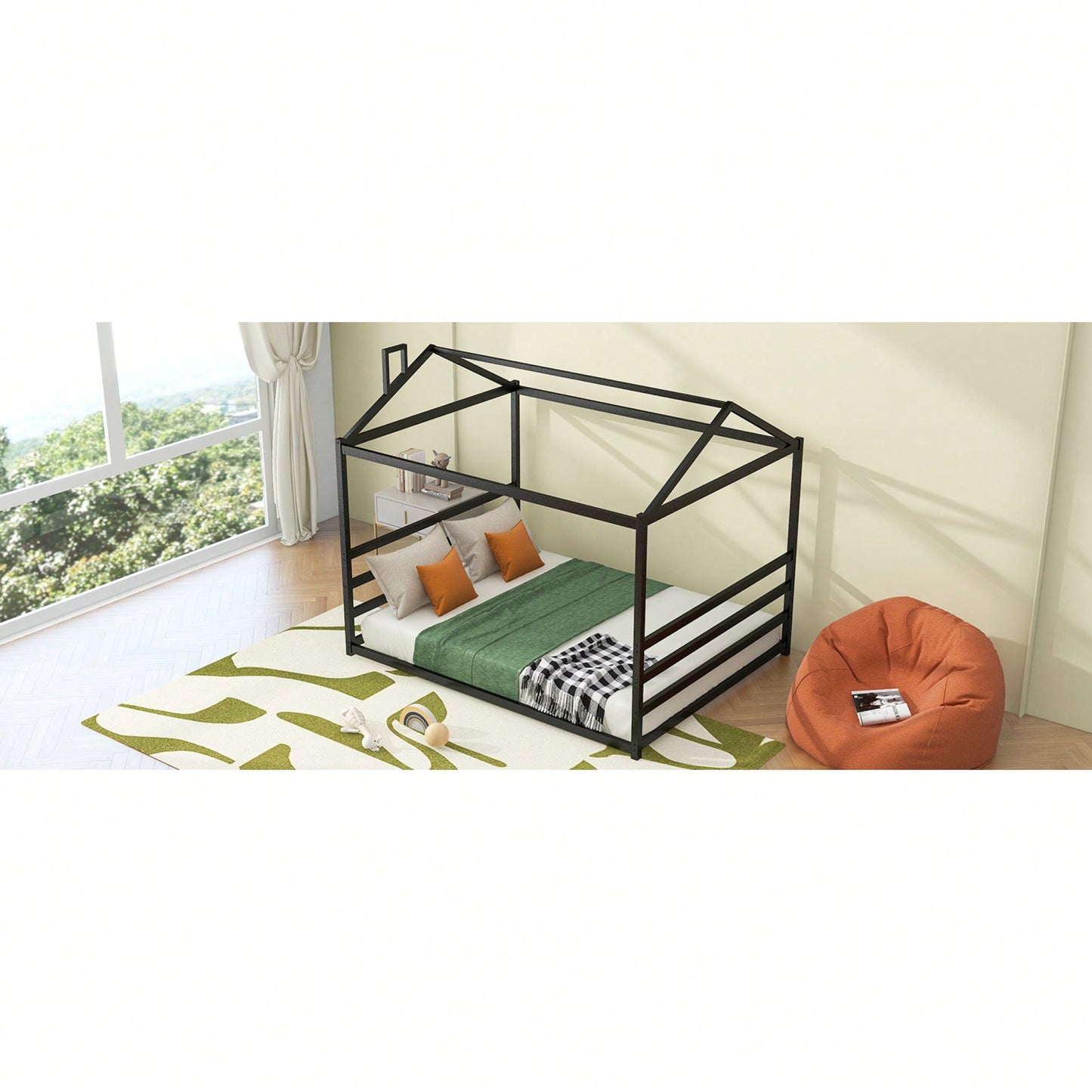 Stylish Black Metal House-Shaped Queen Platform Bed For Unique Bedroom Decor