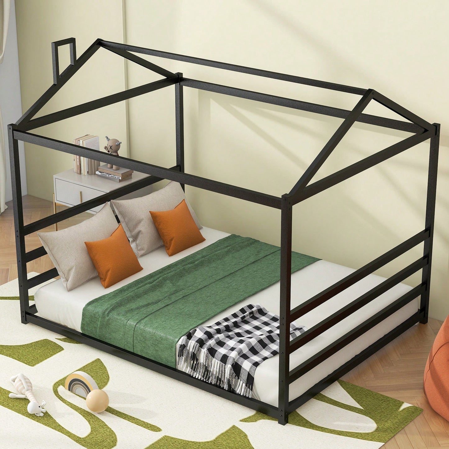 Stylish Black Metal House-Shaped Queen Platform Bed For Unique Bedroom Decor