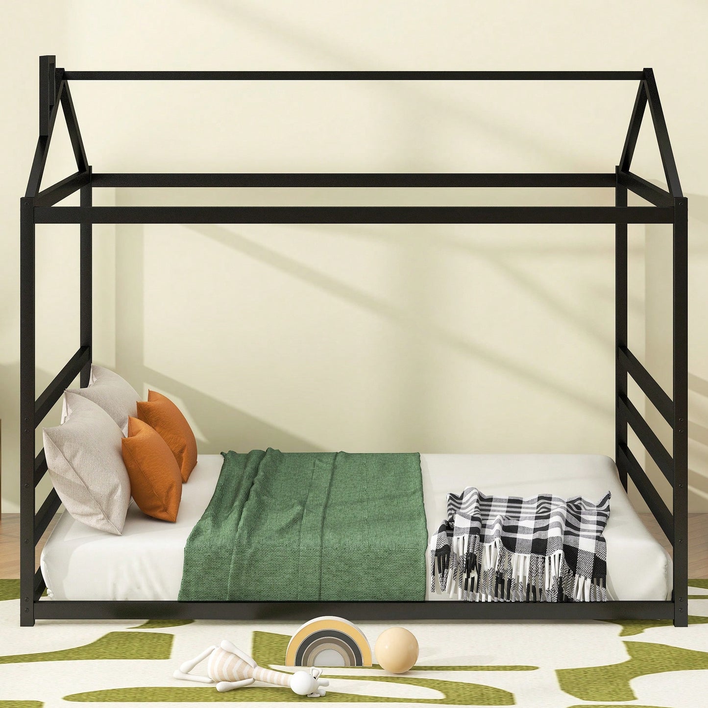 Stylish Black Metal House-Shaped Queen Platform Bed For Unique Bedroom Decor