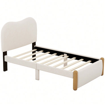 Beige Twin Size Upholstered Platform Bed With Sturdy Wooden Legs