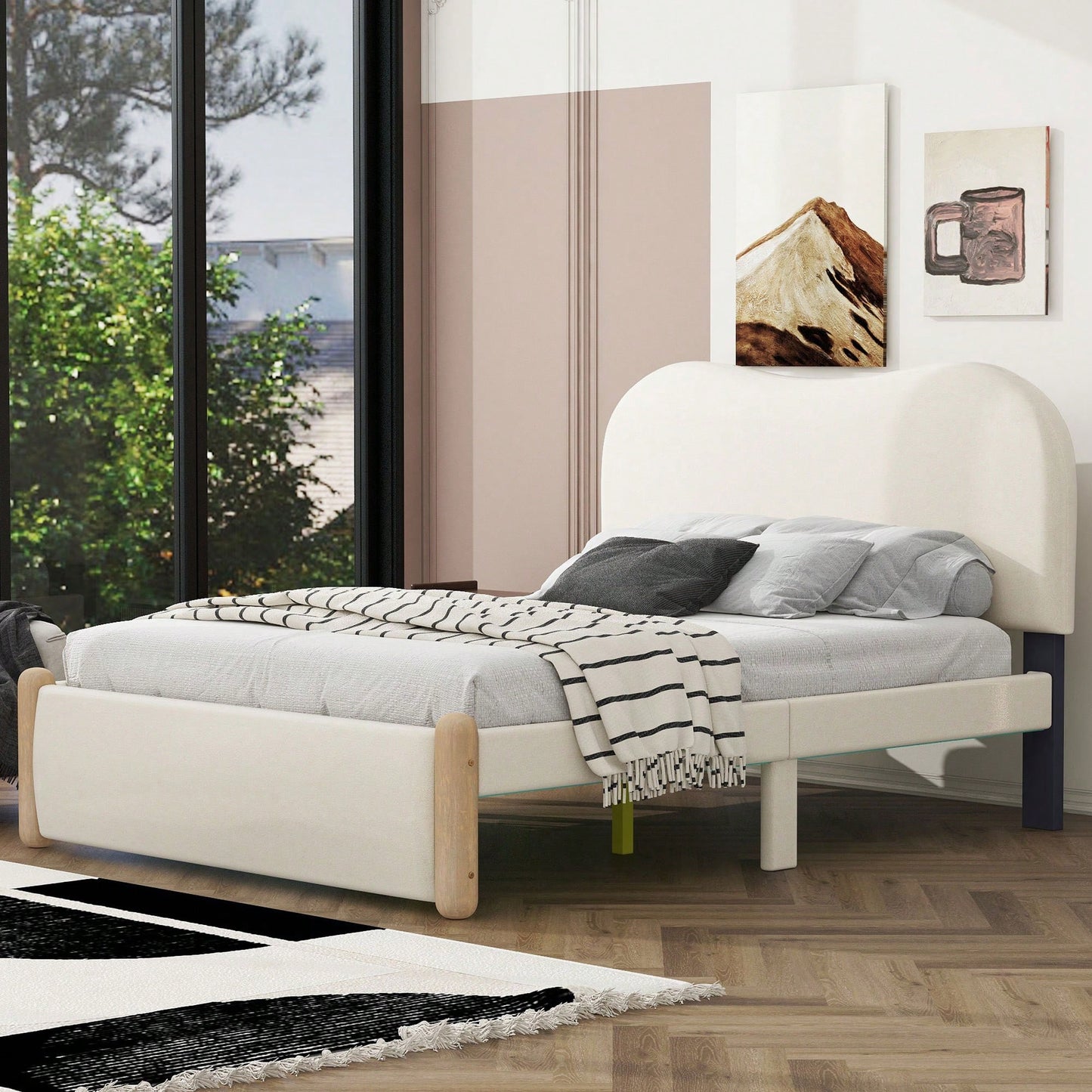 Stylish Full Size Upholstered Platform Bed With Sturdy Wood Legs In Beige Finish