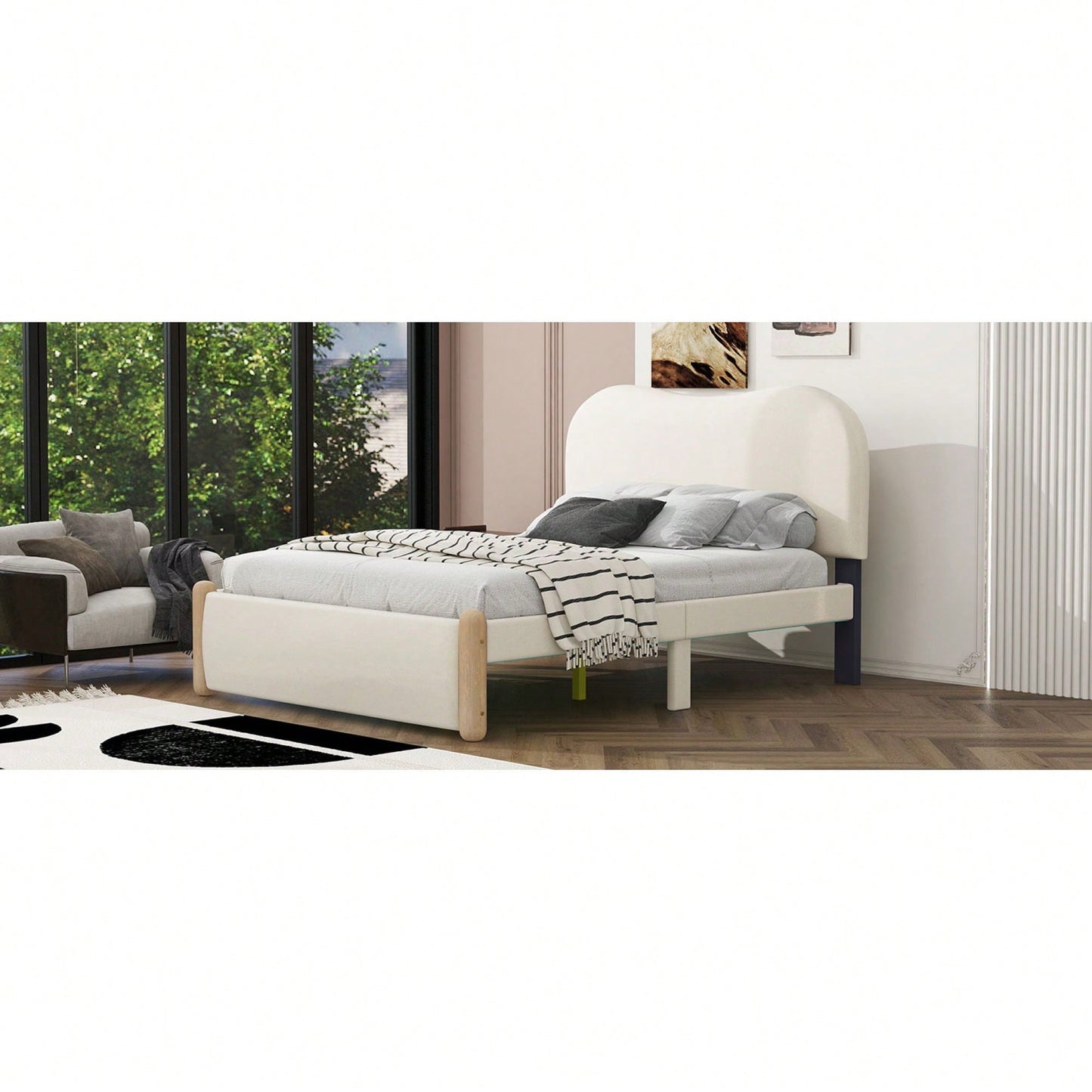 Stylish Full Size Upholstered Platform Bed With Sturdy Wood Legs In Beige Finish