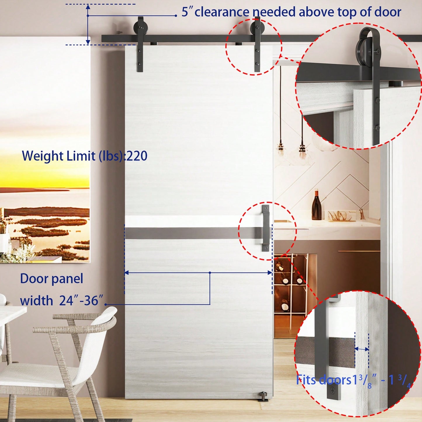 Heavy Duty 6.6FT Sliding Barn Door Hardware Kit for 24-36 Inch Doors with Adjustable Floor Guide and Smooth Operation