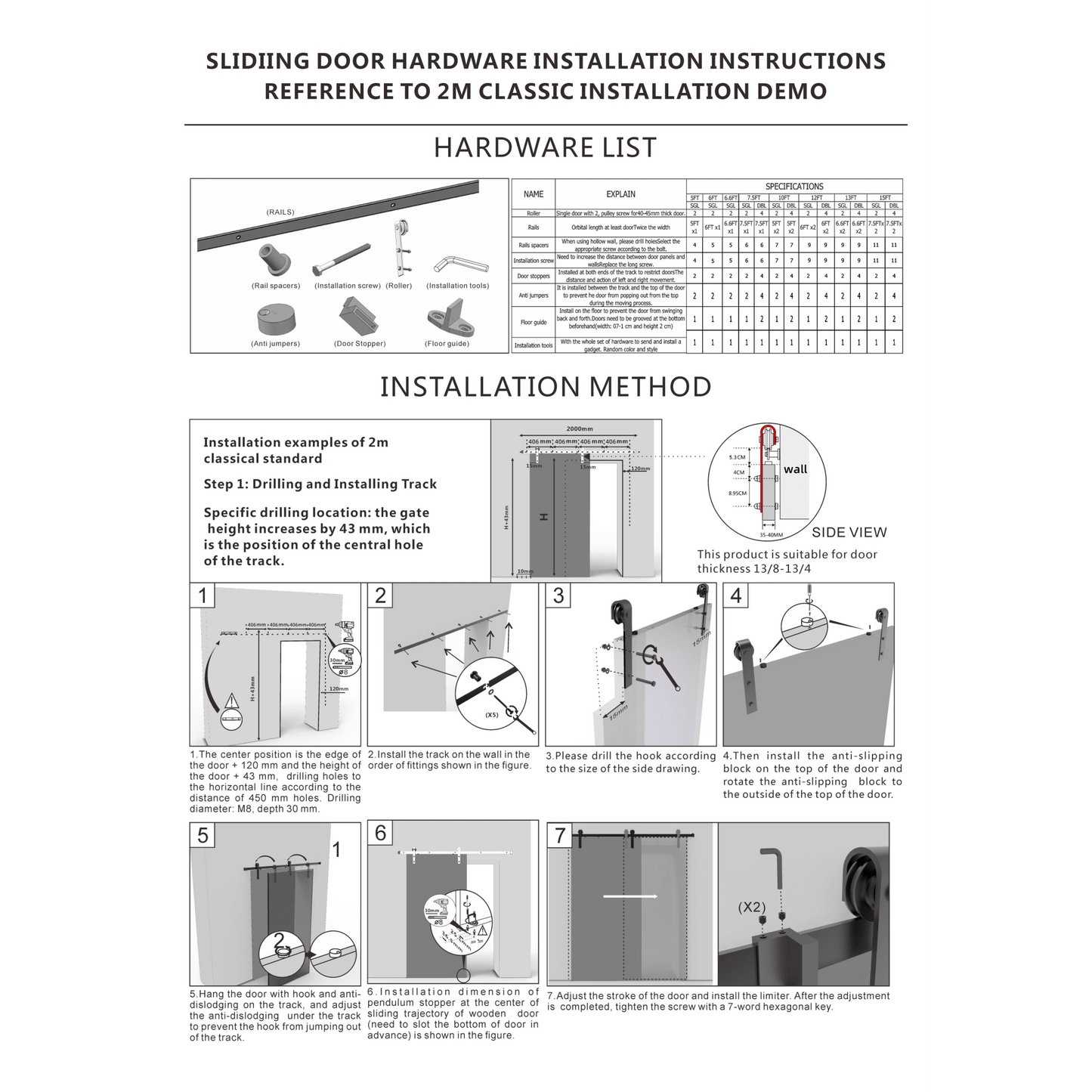 Heavy Duty 6.6FT Sliding Barn Door Hardware Kit for 24-36 Inch Doors with Adjustable Floor Guide and Smooth Operation