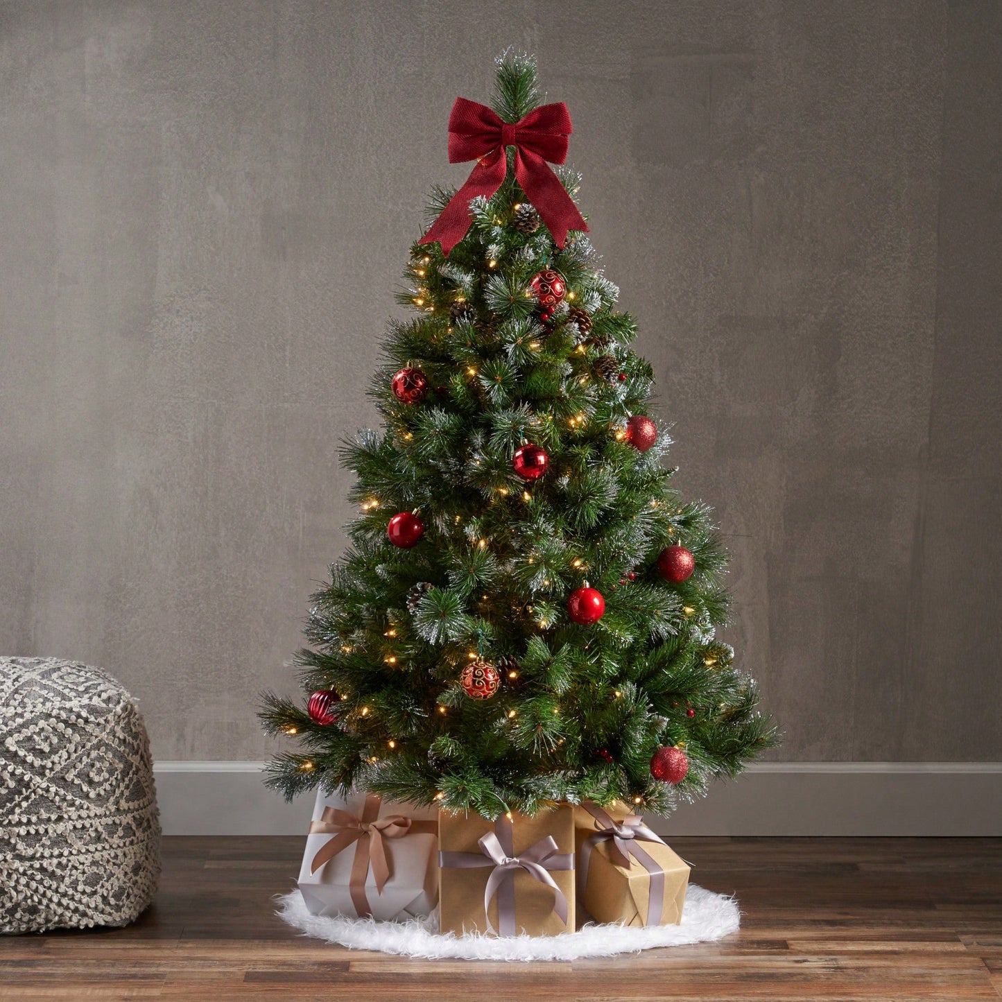 4.5' Glittering Mixed Bristle Hinged Christmas Tree With Red Berries, Pine Cones, And 200 Clear Lights - 407 Tips For Festive Elegance