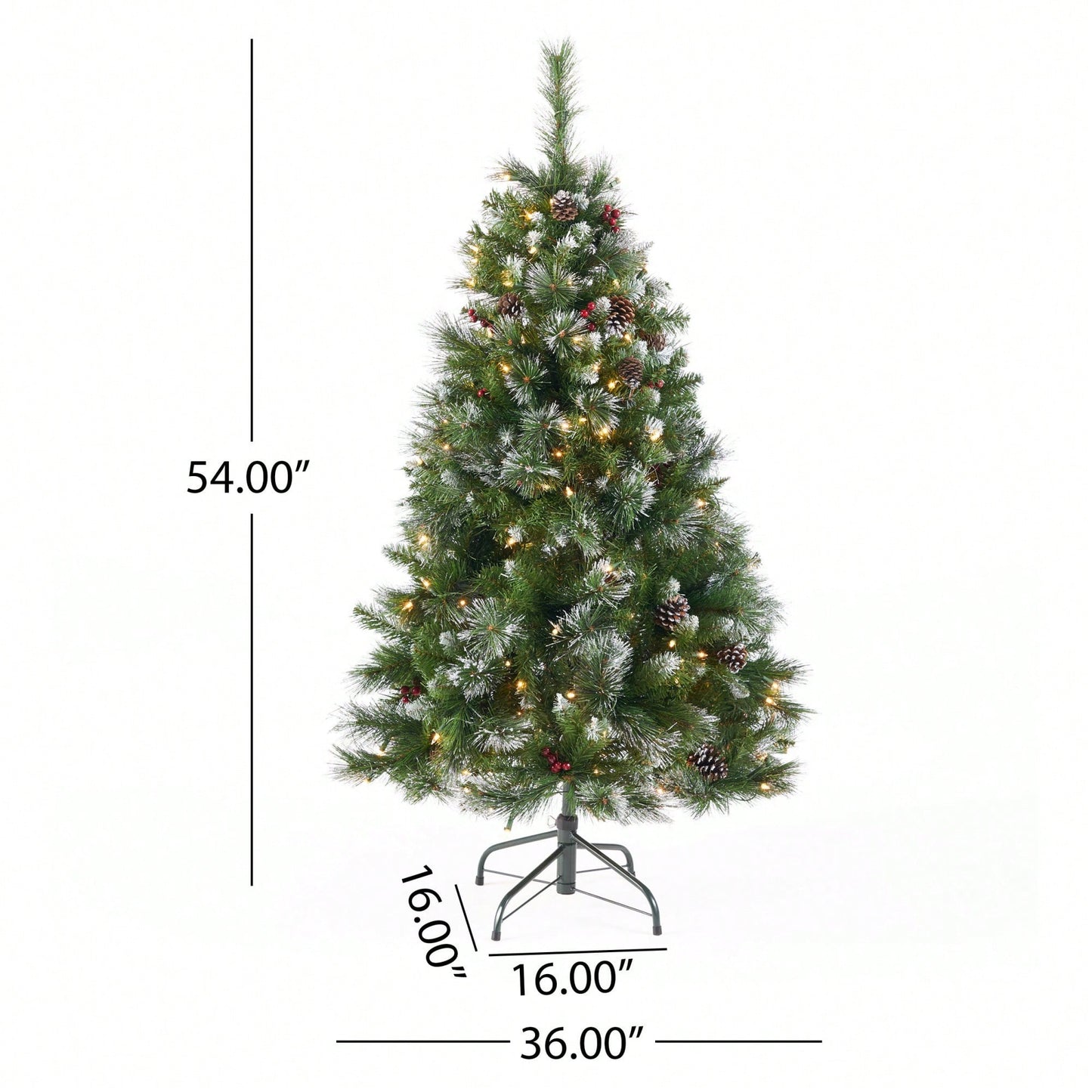 4.5' Glittering Mixed Bristle Hinged Christmas Tree With Red Berries, Pine Cones, And 200 Clear Lights - 407 Tips For Festive Elegance