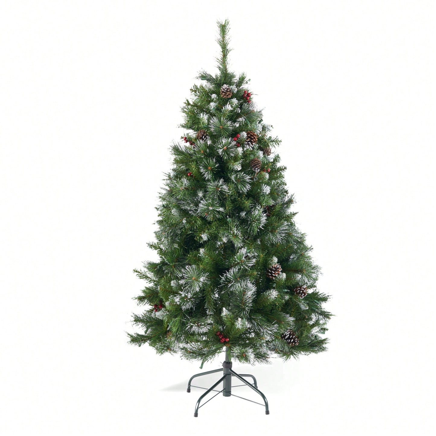 4.5' Glittering Mixed Bristle Hinged Christmas Tree With Red Berries, Pine Cones, And 200 Clear Lights - 407 Tips For Festive Elegance