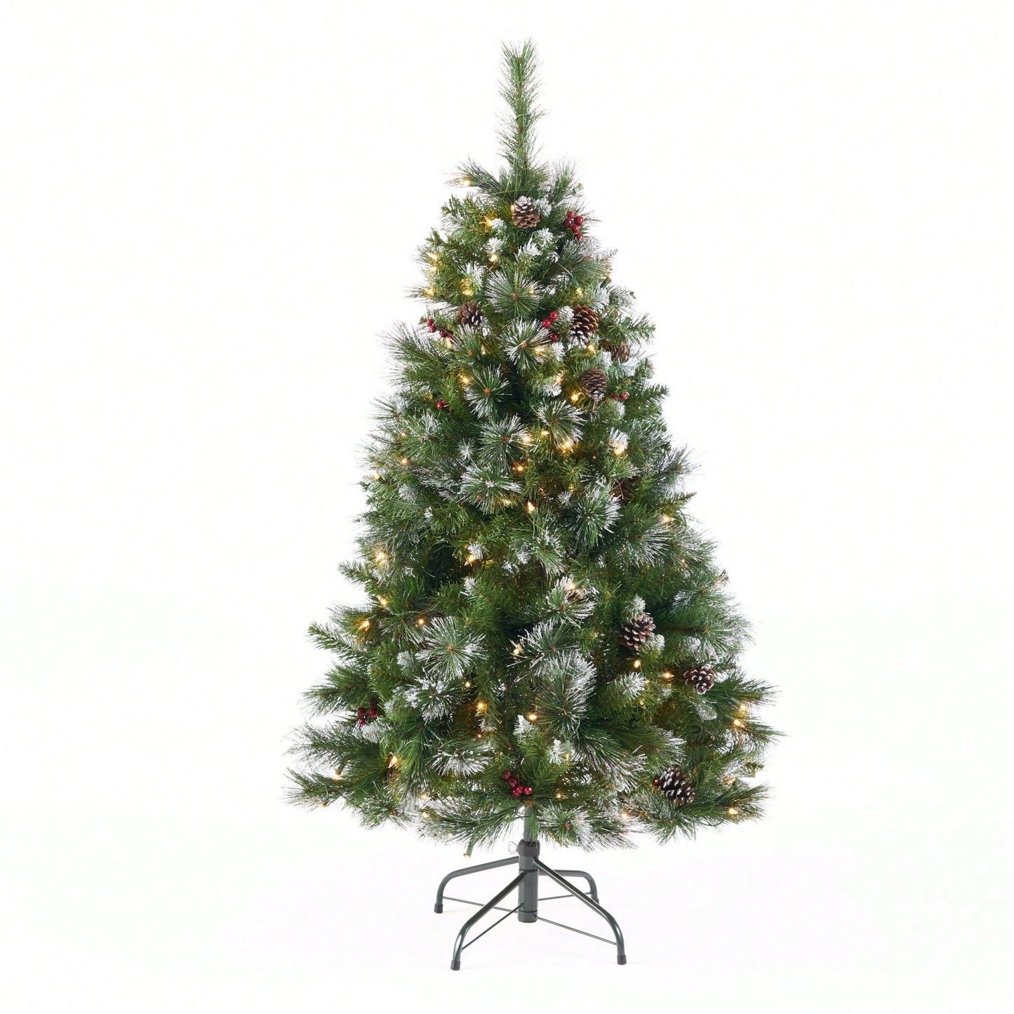 4.5' Glittering Mixed Bristle Hinged Christmas Tree With Red Berries, Pine Cones, And 200 Clear Lights - 407 Tips For Festive Elegance