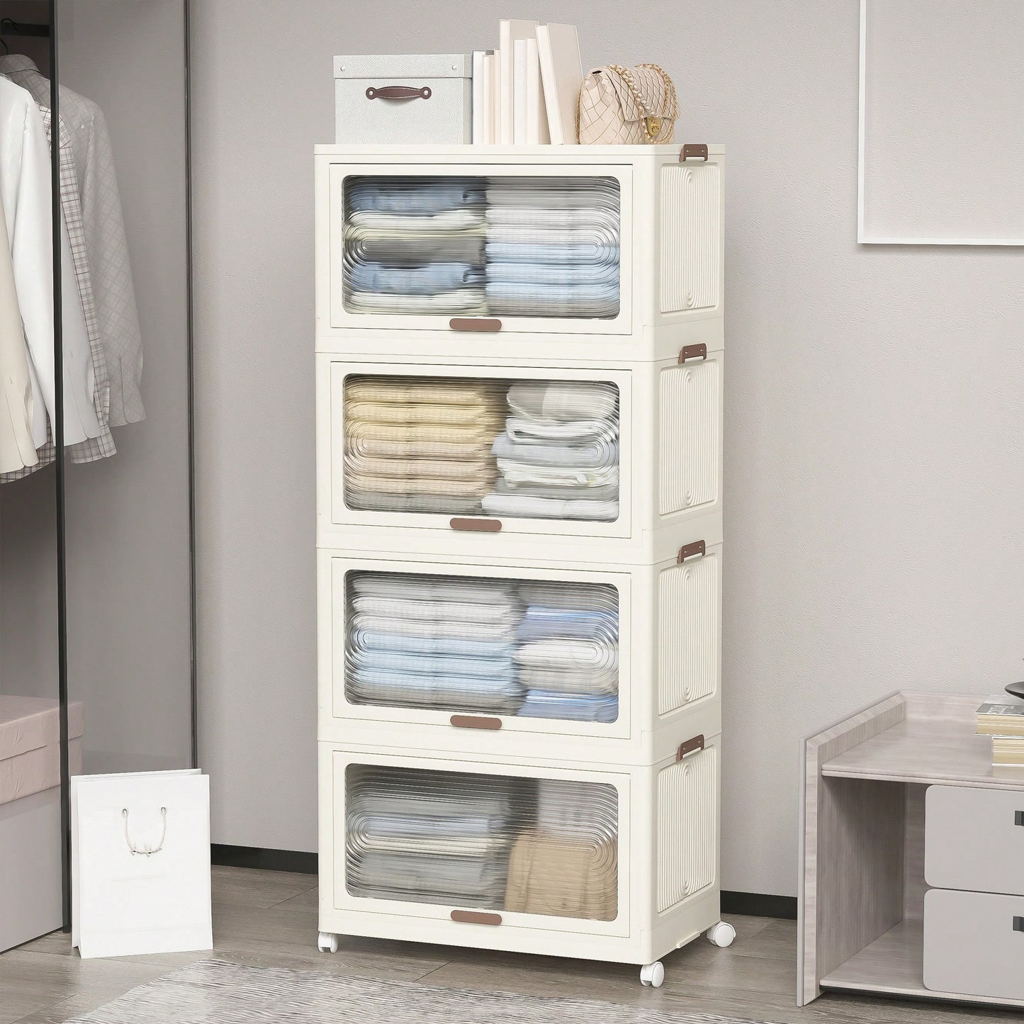 4-Tier Stackable Storage Bins with Lids on Wheels 230QT Collapsible Organizers for Home Office and Dorm Use
