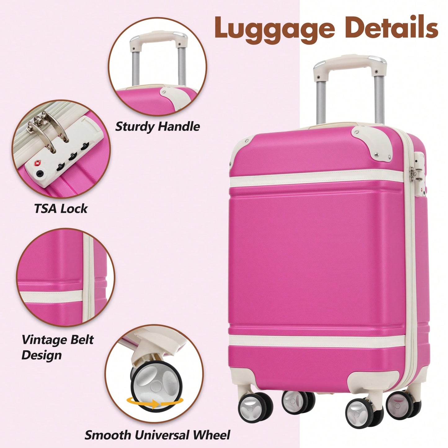 Stylish 20-Inch Hardshell Carry-On Luggage Set With Double Spinner Wheels And TSA Lock - Vintage White Travel Bag