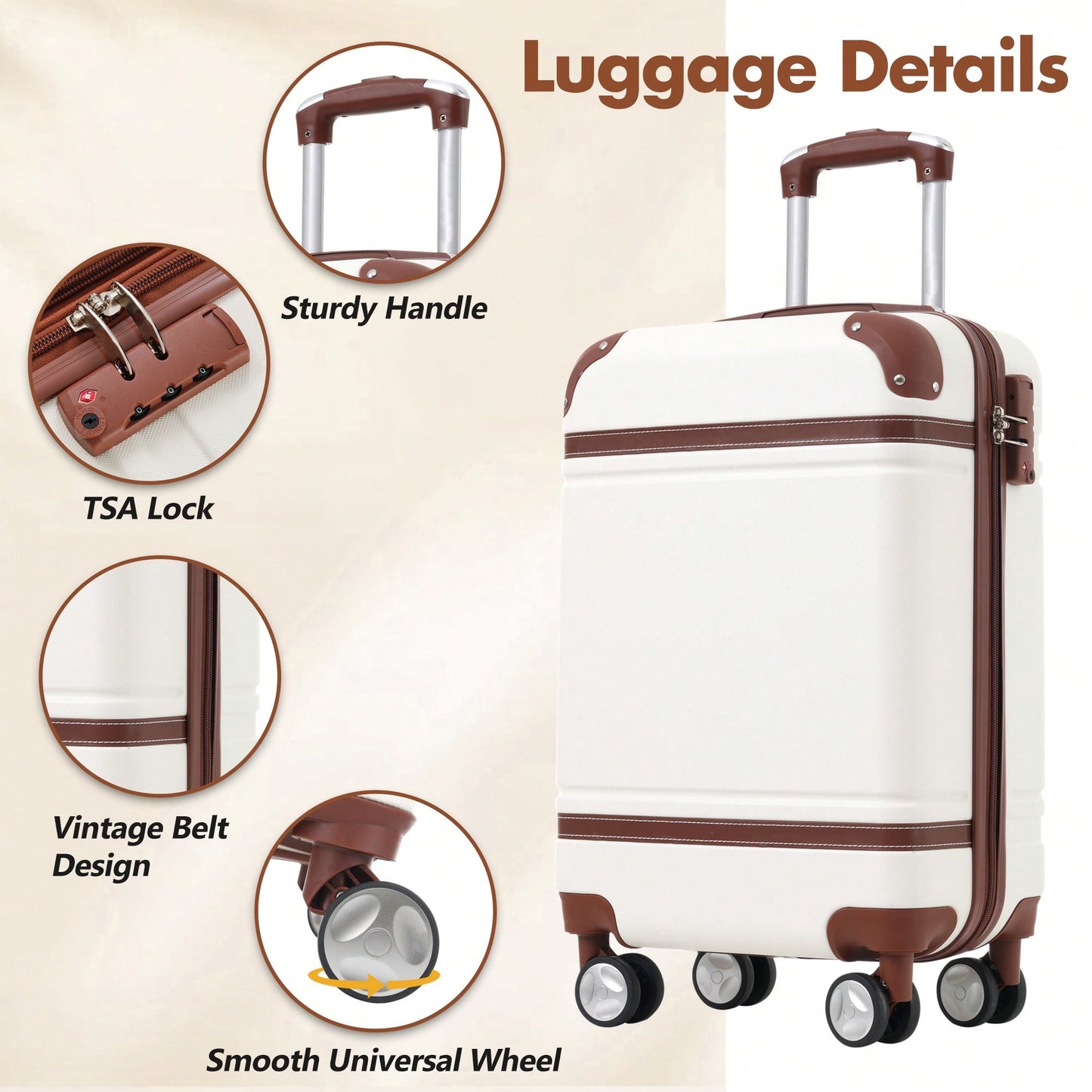 Stylish 20-Inch Hardshell Carry-On Luggage Set With Double Spinner Wheels And TSA Lock - Vintage White Travel Bag