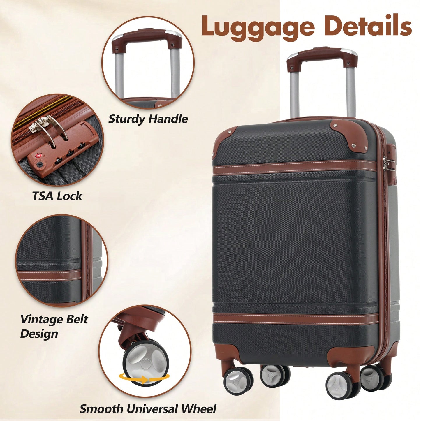 Stylish 20-Inch Hardshell Carry-On Luggage Set With Double Spinner Wheels And TSA Lock - Vintage White Travel Bag