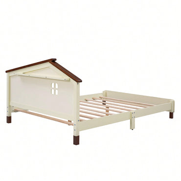 Charming Full Size Wood Platform Bed With Unique House-Shaped Headboard In White And Gray