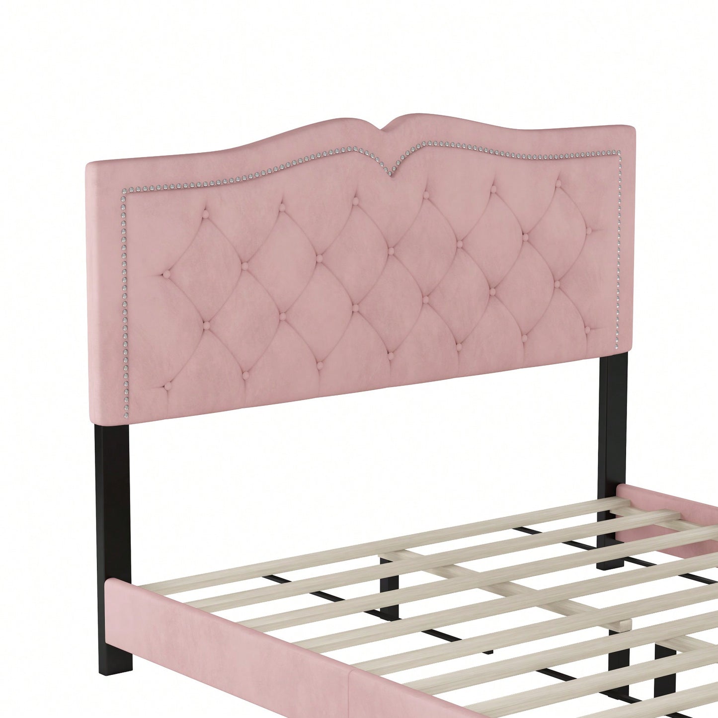 Modern Velvet Queen Size Upholstered Bed Frame With Tufted Headboard And Rivet Design - Chic Pink Platform Bed