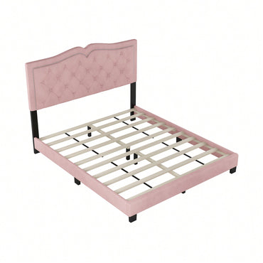 Modern Velvet Queen Size Upholstered Bed Frame With Tufted Headboard And Rivet Design - Chic Pink Platform Bed