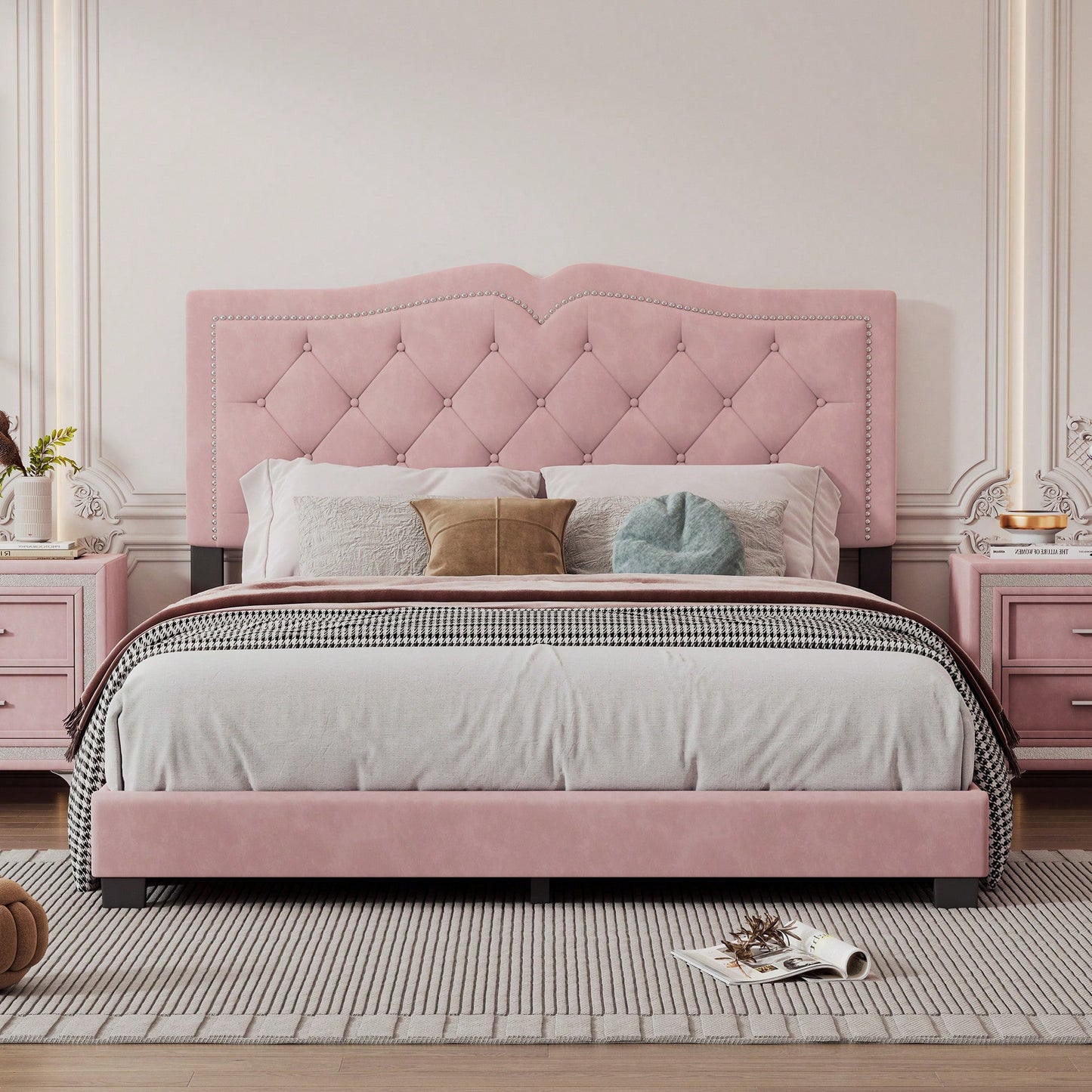 Modern Velvet Queen Size Upholstered Bed Frame With Tufted Headboard And Rivet Design - Chic Pink Platform Bed