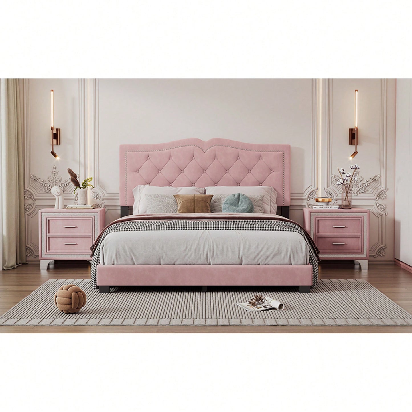 Modern Velvet Queen Size Upholstered Bed Frame With Tufted Headboard And Rivet Design - Chic Pink Platform Bed