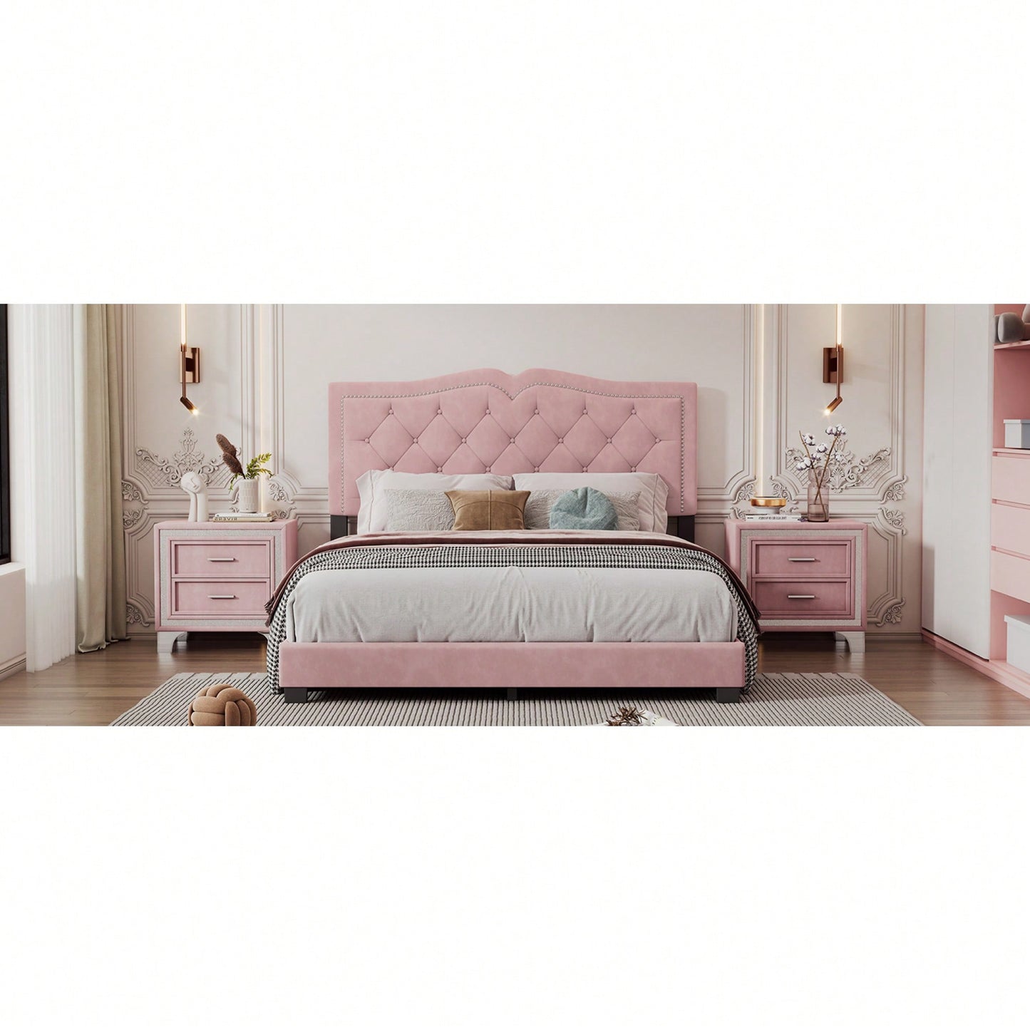Modern Velvet Queen Size Upholstered Bed Frame With Tufted Headboard And Rivet Design - Chic Pink Platform Bed