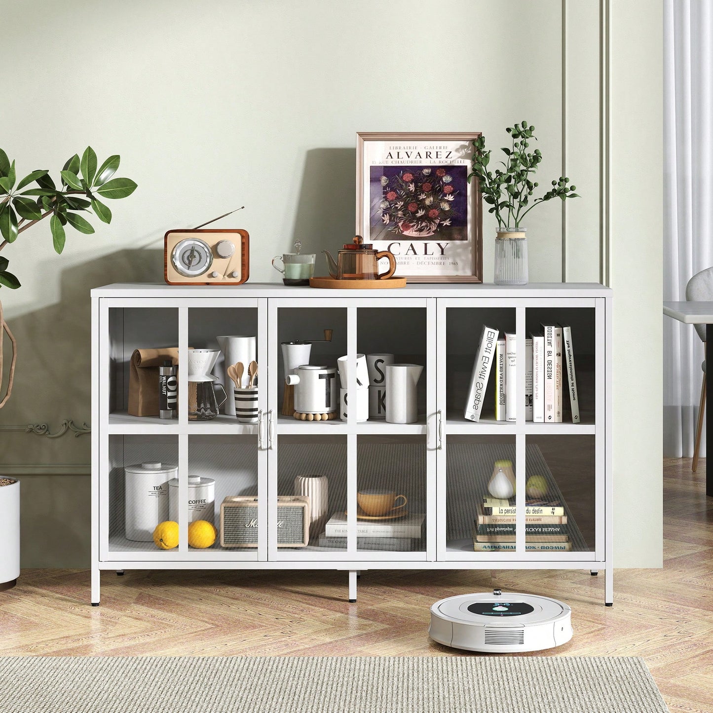 Sturdy Metal Modern Sideboard Buffet Cabinet With Adjustable Feet, Glass Doors, And Ample Storage Space