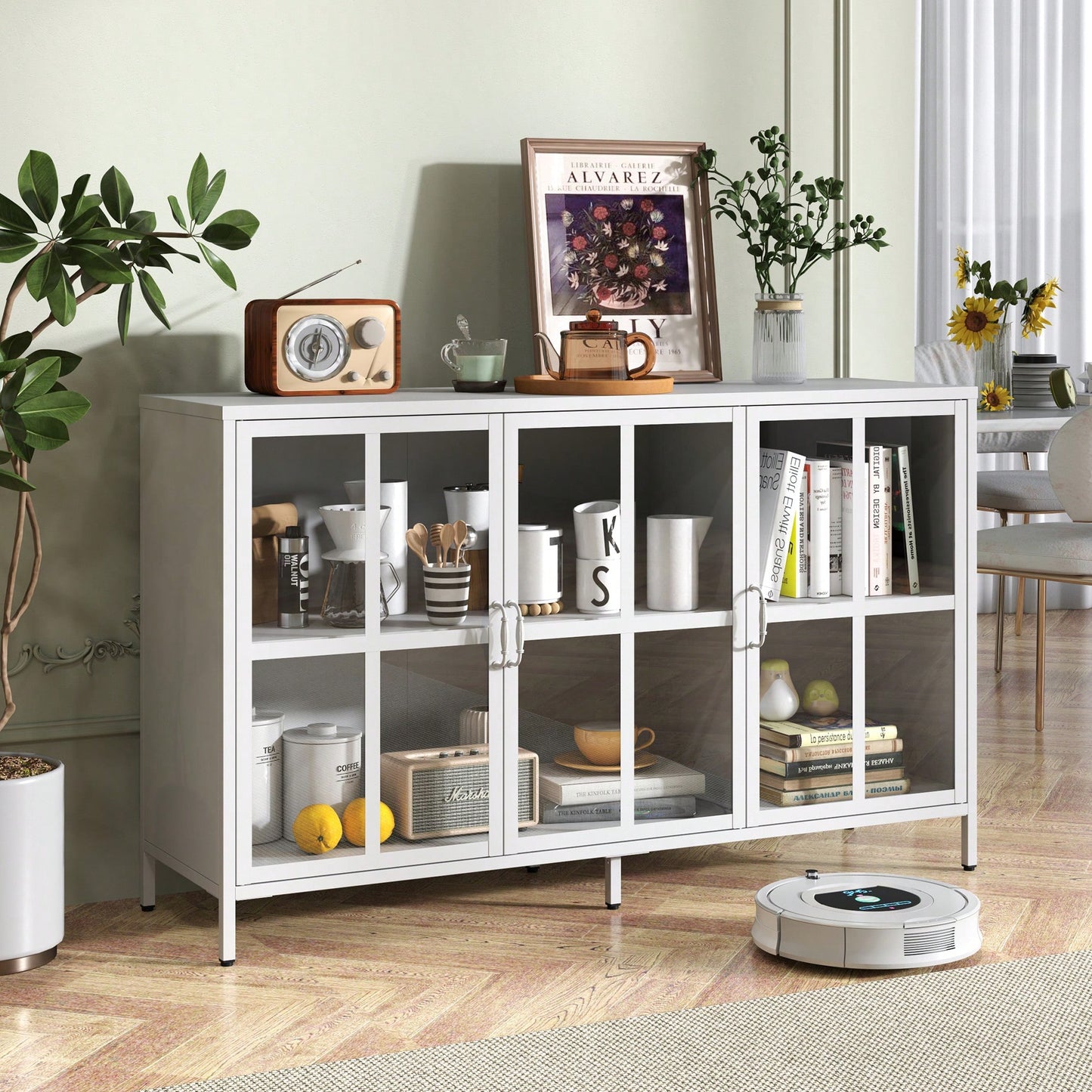 Sturdy Metal Modern Sideboard Buffet Cabinet With Adjustable Feet, Glass Doors, And Ample Storage Space