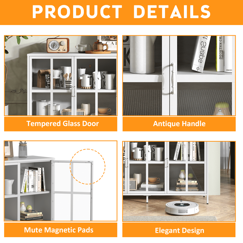 Sturdy Metal Modern Sideboard Buffet Cabinet With Adjustable Feet, Glass Doors, And Ample Storage Space