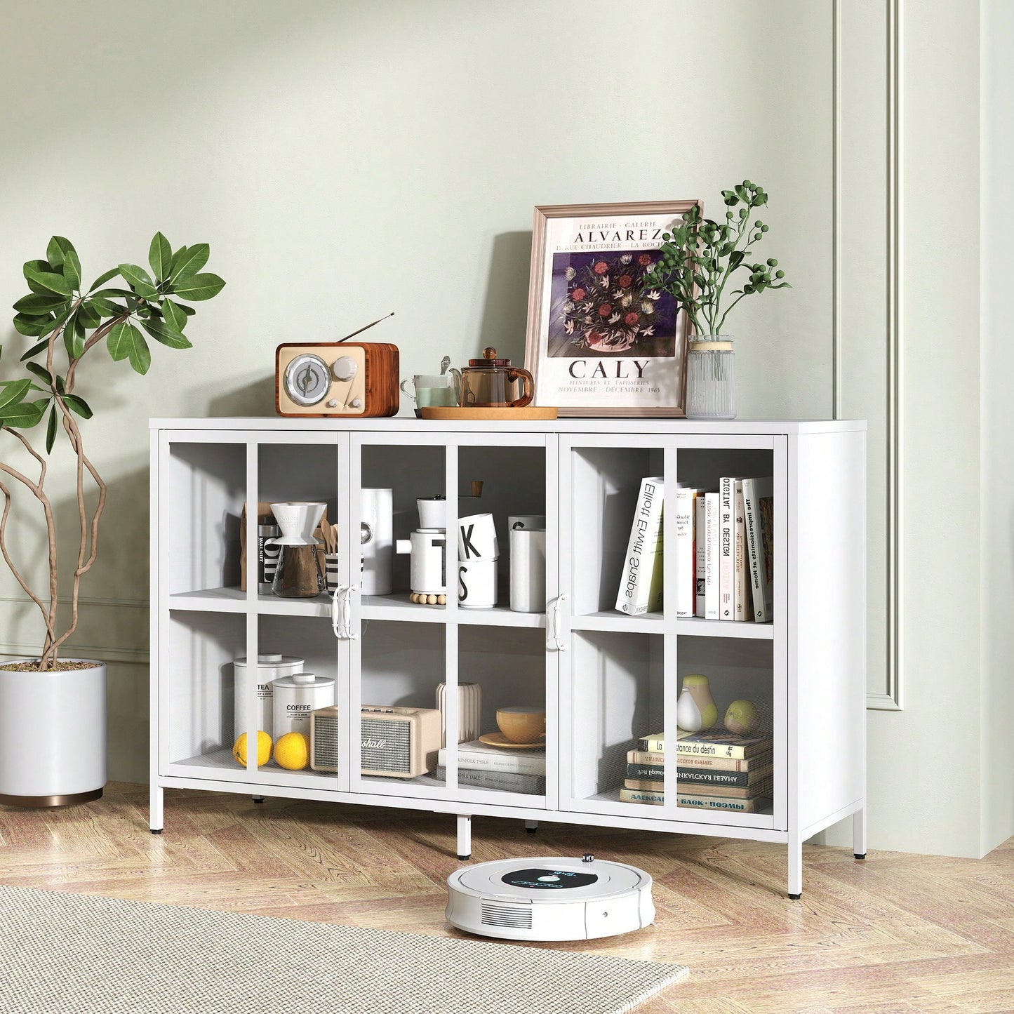 Sturdy Metal Modern Sideboard Buffet Cabinet With Adjustable Feet, Glass Doors, And Ample Storage Space