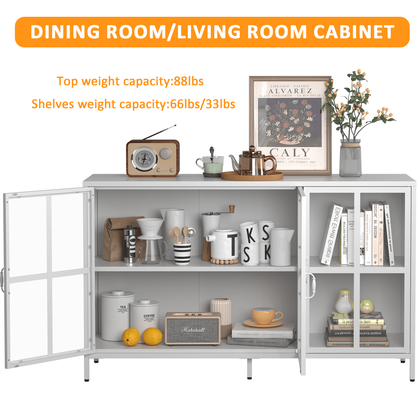 Sturdy Metal Modern Sideboard Buffet Cabinet With Adjustable Feet, Glass Doors, And Ample Storage Space