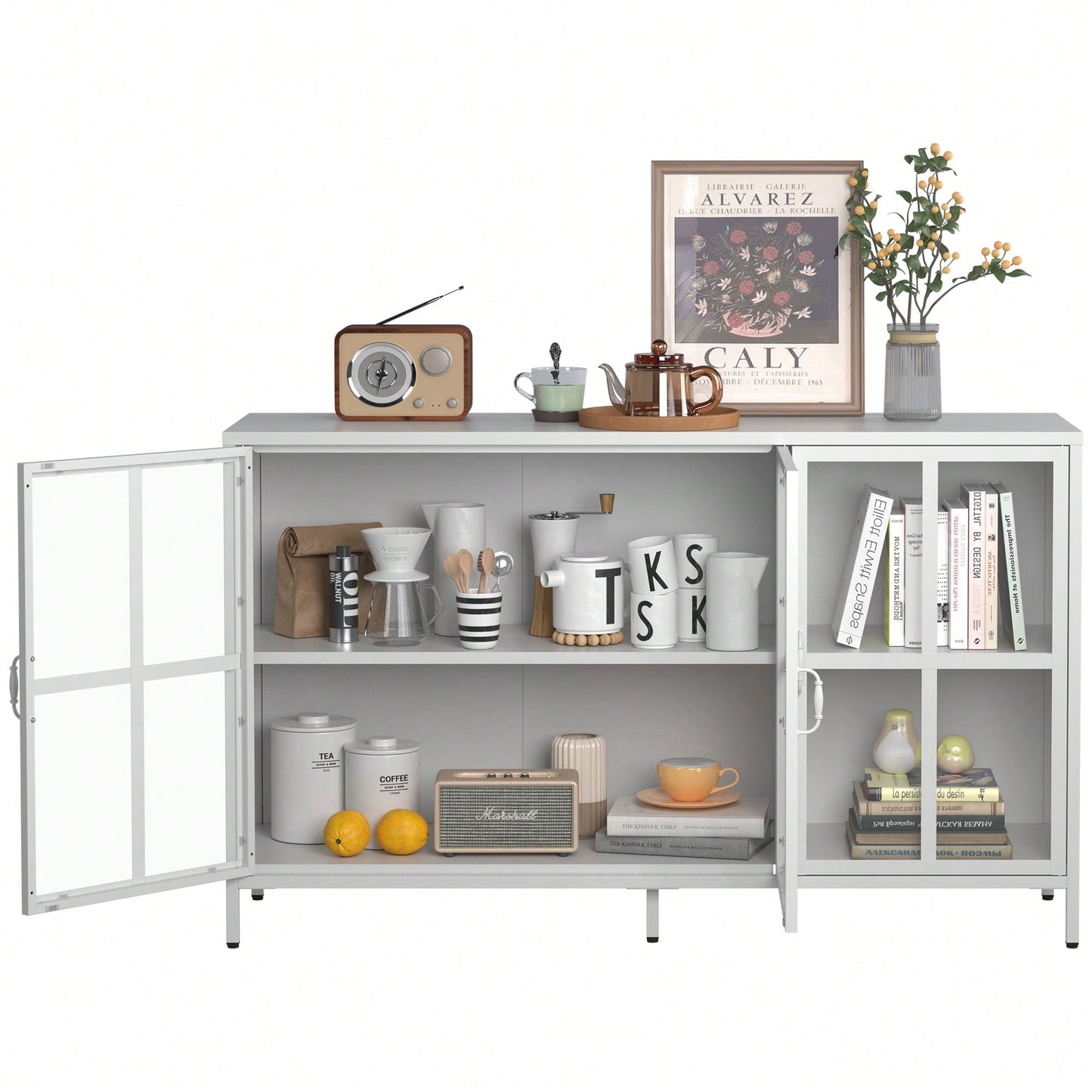 Sturdy Metal Modern Sideboard Buffet Cabinet With Adjustable Feet, Glass Doors, And Ample Storage Space