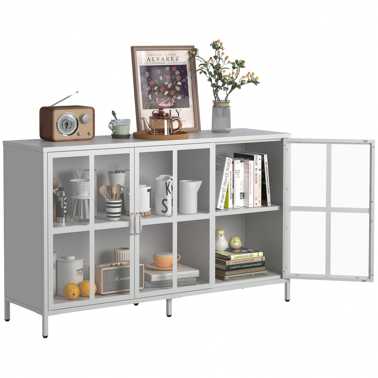 Sturdy Metal Modern Sideboard Buffet Cabinet With Adjustable Feet, Glass Doors, And Ample Storage Space