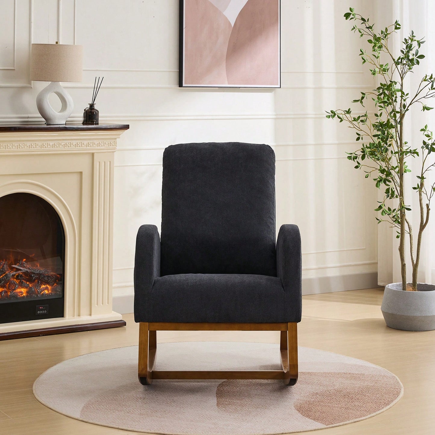 Cozy 27.2 Inch Rocking Glider Chair with High Back and Side Pocket for Nursery Bedroom Stylish Accent Armchair with Rubber Wood Legs Black