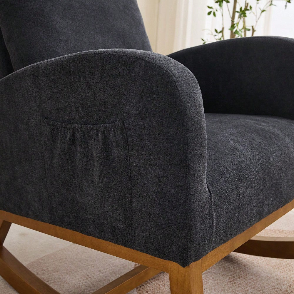 Cozy 27.2 Inch Rocking Glider Chair with High Back and Side Pocket for Nursery Bedroom Stylish Accent Armchair with Rubber Wood Legs Black
