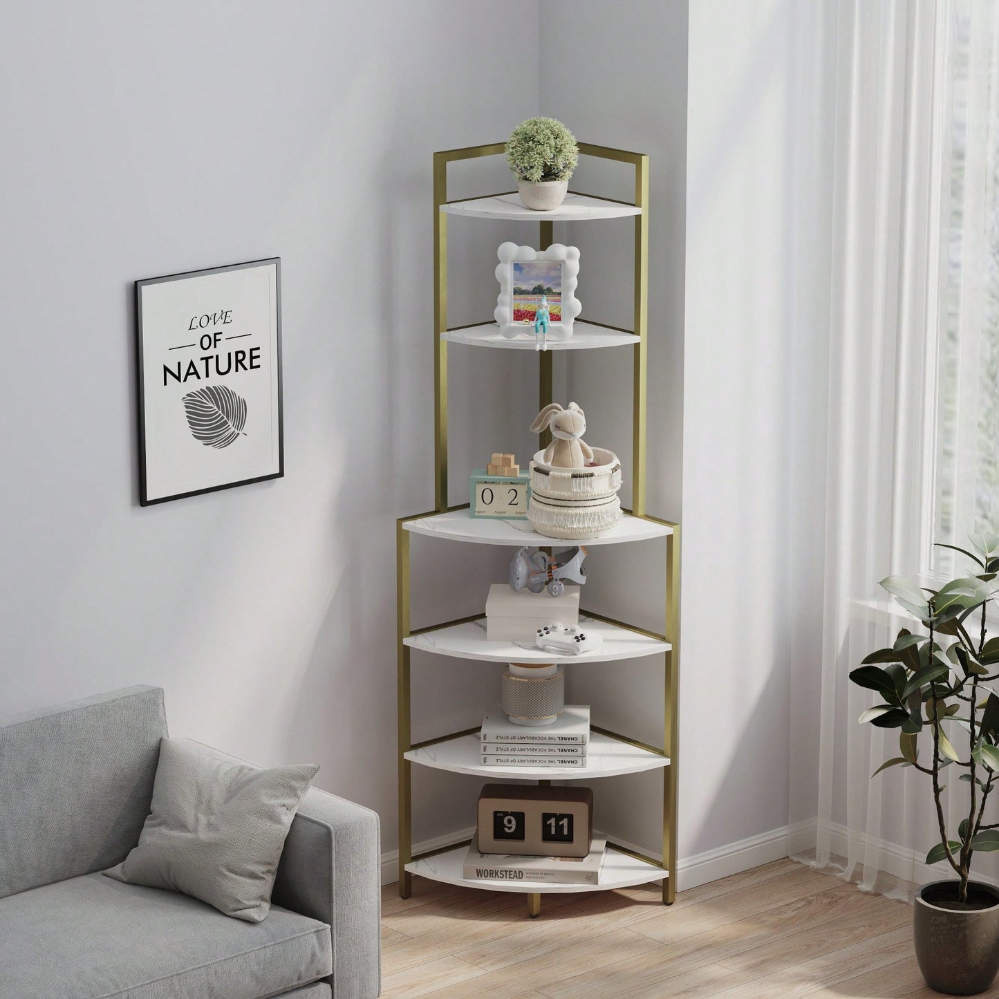 Rustic Brown 6-Tier Corner Open Shelf Bookcase Space-Saving Freestanding Unit for Plants Albums Decor Living Room Home Office Kitchen