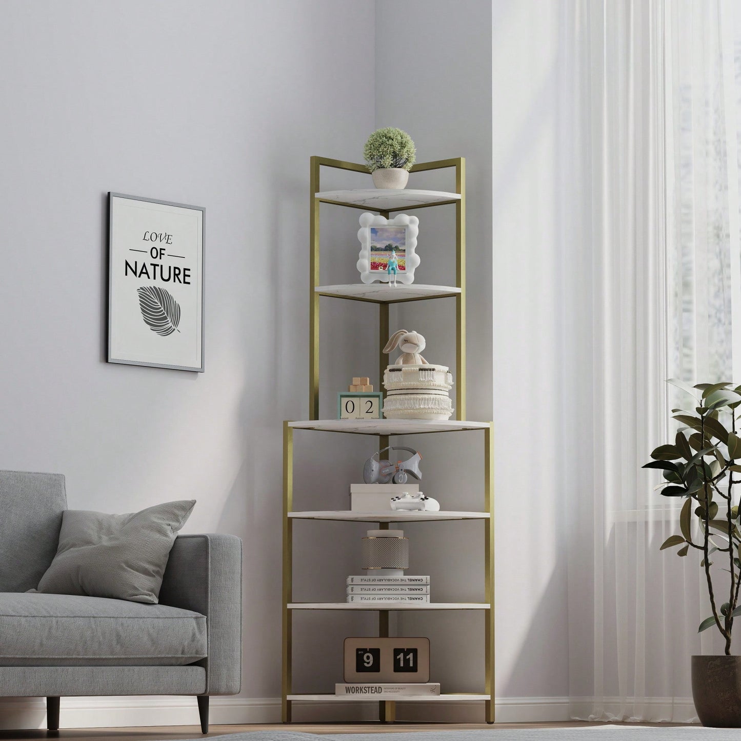 Rustic Brown 6-Tier Corner Open Shelf Bookcase Space-Saving Freestanding Unit for Plants Albums Decor Living Room Home Office Kitchen
